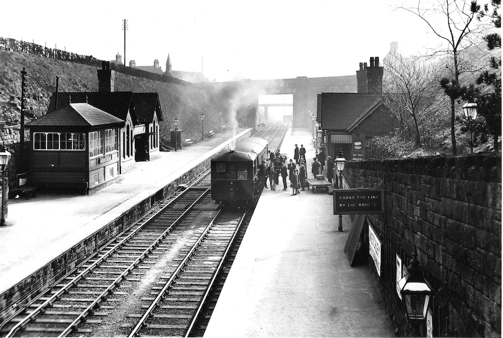 Ripley Station in Edwardian years viewed from the station footbridge looking south
